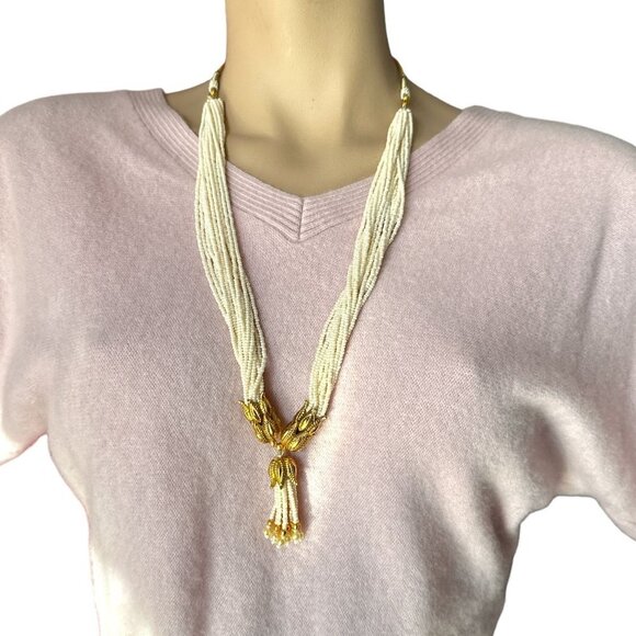Indian Jewelry Lariat Tassel Necklace with Faux Mini Pearls accented with Leaf D - Picture 2 of 8